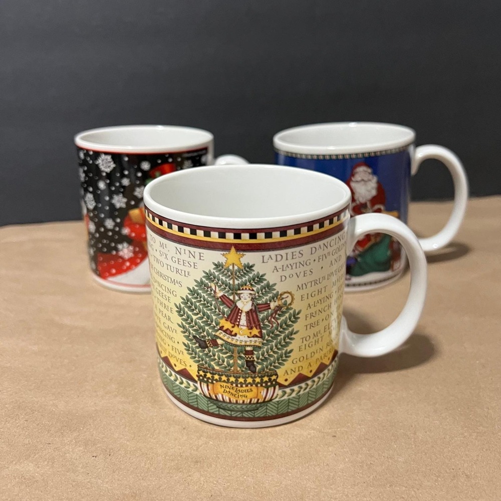 Sakura Oneida Christmas Mugs Set of 3 Holiday Mumm Beck Stouffer Santa Tree Bear